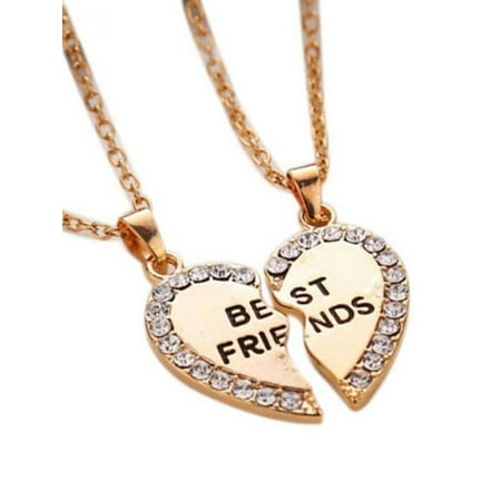 Best Friend Two-Piece Broken Heart with Crystals Necklace Anti-Tarnish Resistant Jewelry  (Four Piece Best Friend Necklace)