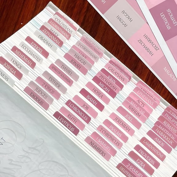 Dvjoy Repositionable Laminated bible tabs for men, Large-Print Stickers, Easy-to-Read and Easy-to-Apply Bible Tabs for Women and Men (Pink)