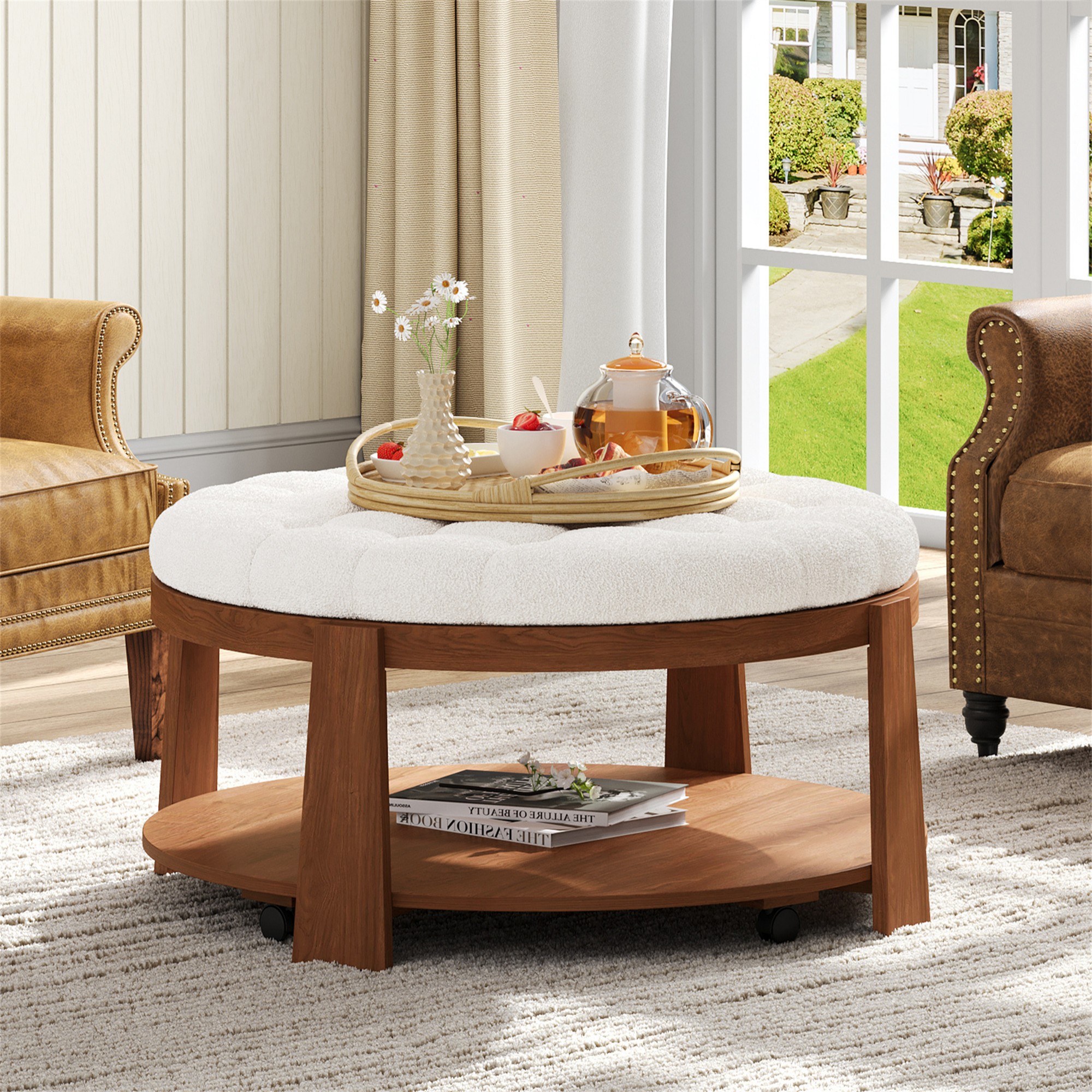 Leumius Coffee Table,2-Tier Round Oversized Button Tufted Ottoman with Wood Shelf Storage for Living Room,Ivory White