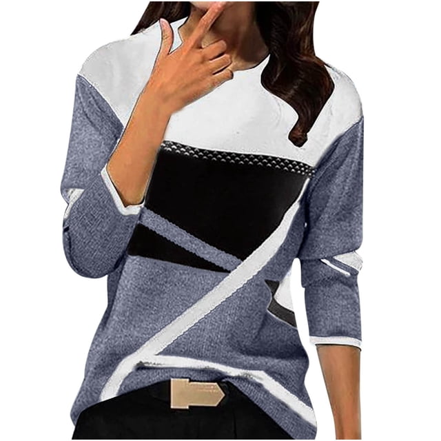 WEAIXIMIUNG T-Shirts à Manches Longues pour Femmes pour l'Été Mode Décontractée Col Rond Imprimé Géométrique Manches Longues