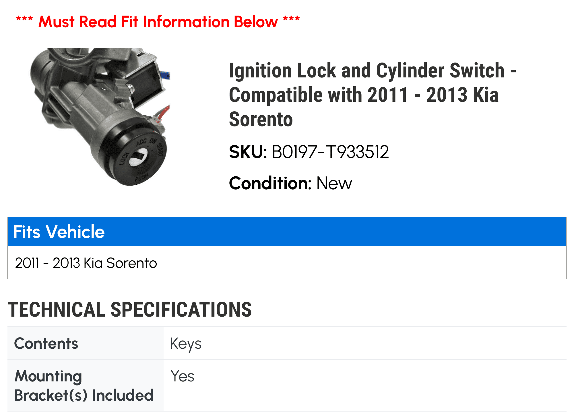 Ignition Lock and Cylinder Switch - Compatible with 2011 - 2013 Kia Sorento 2012