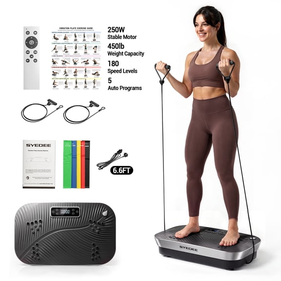 Syedee Vibration Plate Exercise Machine, 180 Speed Levels for Full Body Workout, 450 lbs Capacity Vibration Platform with Bluetooth, Resistance Bands & Remote Control for Black Home Fitness