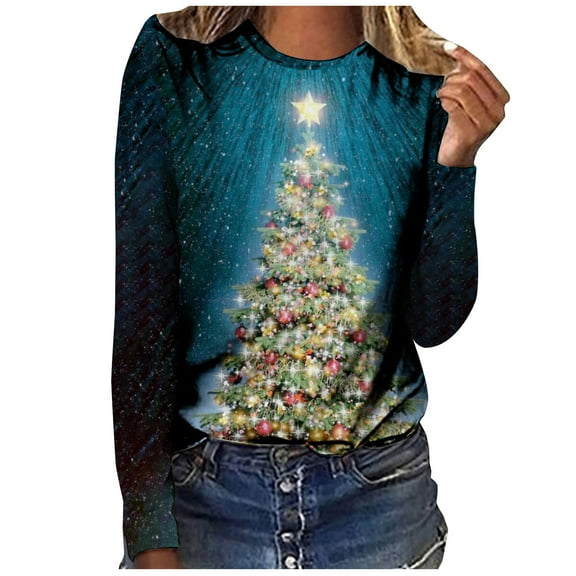 Black_Friday Deals 2024 Cyber_Monday Deals Dianli Over Size Christmas Tops for Women Long Sleeve Round Neck Xmas Tree Print Women Tops Blouses Fashion Casual T-Shirts Comfy Womens Sweaters