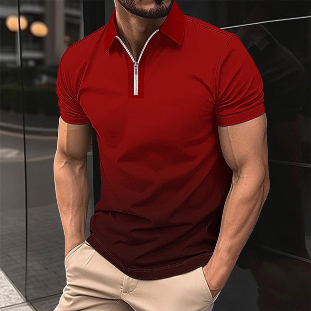 Homme Décontracté Imprimé Manches Courtes Col Rabattu T-Shirt à Fermeture Éclair Blouse Hauts