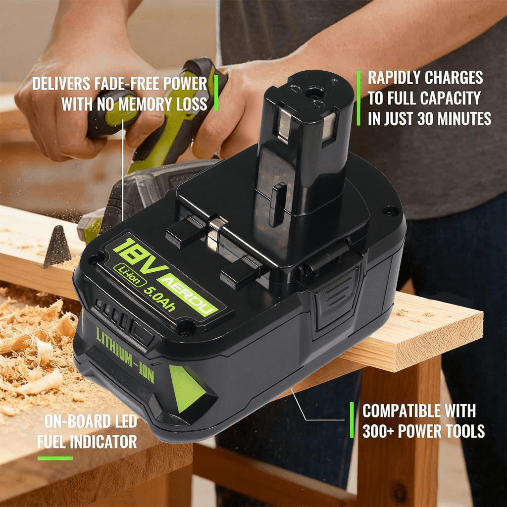 AERDU True 5.0Ah Battery 2-Pack and Charger for Ryobi 18V ONE+, High Capacity Lithium-Ion P108 P117 Kit