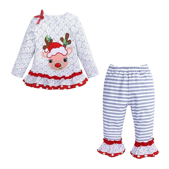 Mercatoo 2Pcs Toddler Baby Girls Christmas Outfits Clothes Deer Long Sleeve Ruffle Top   Striped Flared Pants Kids Set