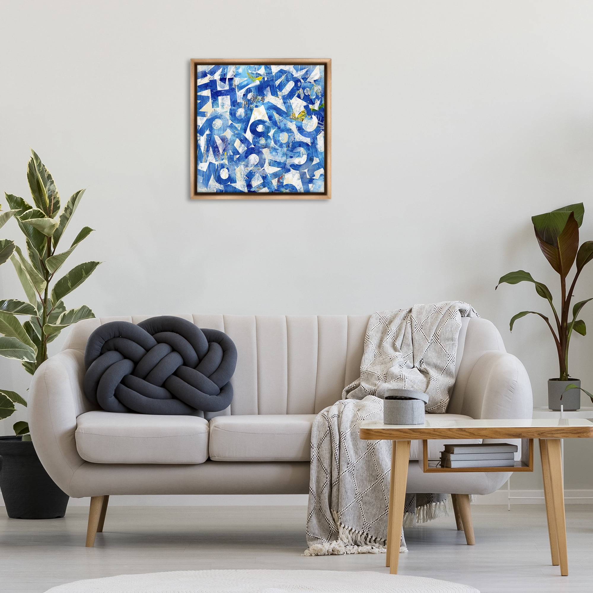 Stupell Industries Blue Typography Collage Abstract Painting Brown Floater Framed Canvas Art Print Wall Art, 25 x 25
