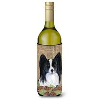 Papillon on Faux Burlap with Pine Cones Wine Bottle Hugger