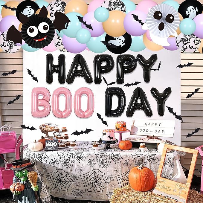 Happy Boo Day Party Decorations Girl, Boo Themed Birthday Party Macaroon Halloween Balloon Garland Arch Kit with Ghost Bat Balloons 3D Bats Wall Stickers for Halloween 1st 2nd 3rd Bday Party Decor