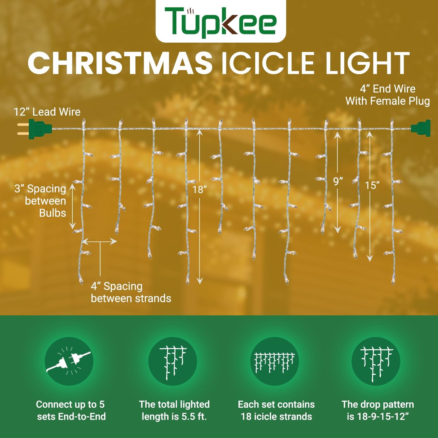 Tupkee Christmas Twinkle Icicle Lights - 12 of 100 Bulbs Twinkle - 5.5 Feet Light String - 100 LED Warm-White Bulbs - Indoor Outdoor - Random Shimmering Twinkling Sparkling Christmas Icicle Lights