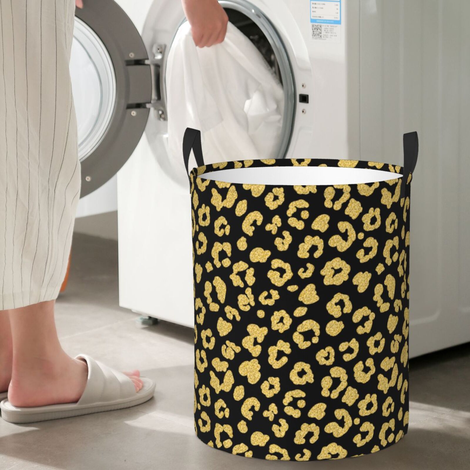 Large Laundry Basket with Handles - shiny Golden leopard black Kids Baby Dirty Clothes Laundry Hamper for Bedroom Aesthetic