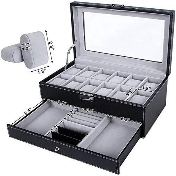 Readaeer Black Leather Watch Box Jewelry Display Case with Drawer