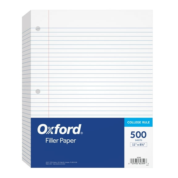 Oxford® Filler Paper, 8-1/2" x 11", College Rule, 3-Hole Punched, Loose-Leaf Paper for 3-Ring Binders, 500 Sheets Per Pack