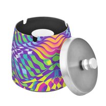 Yayeee Ashtray with Lid for Cigarette Smokeless Stainless Steel Home Ash Holder, Green Wavy Pattern