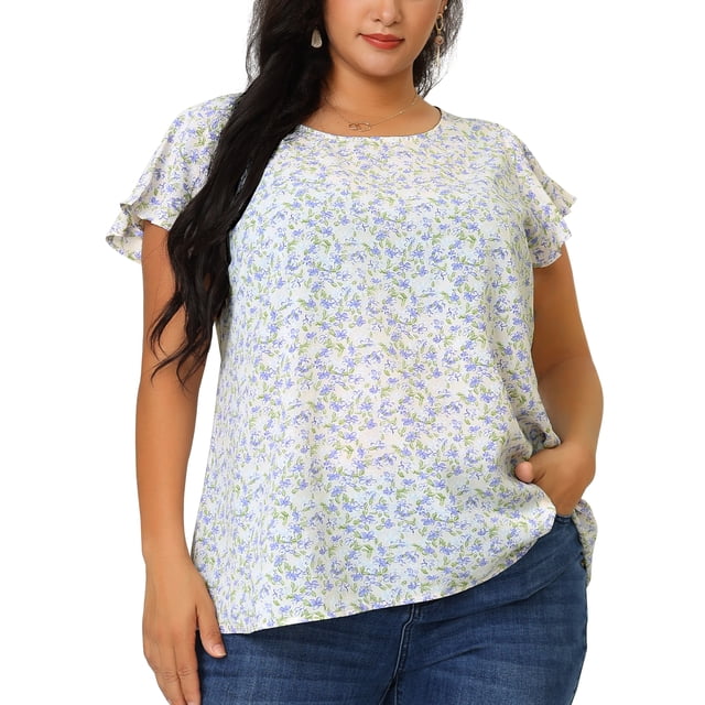 Women's Plus Size Blouse Daisy Floral Ruffle Sleeve Basic Top Light Purple 2X