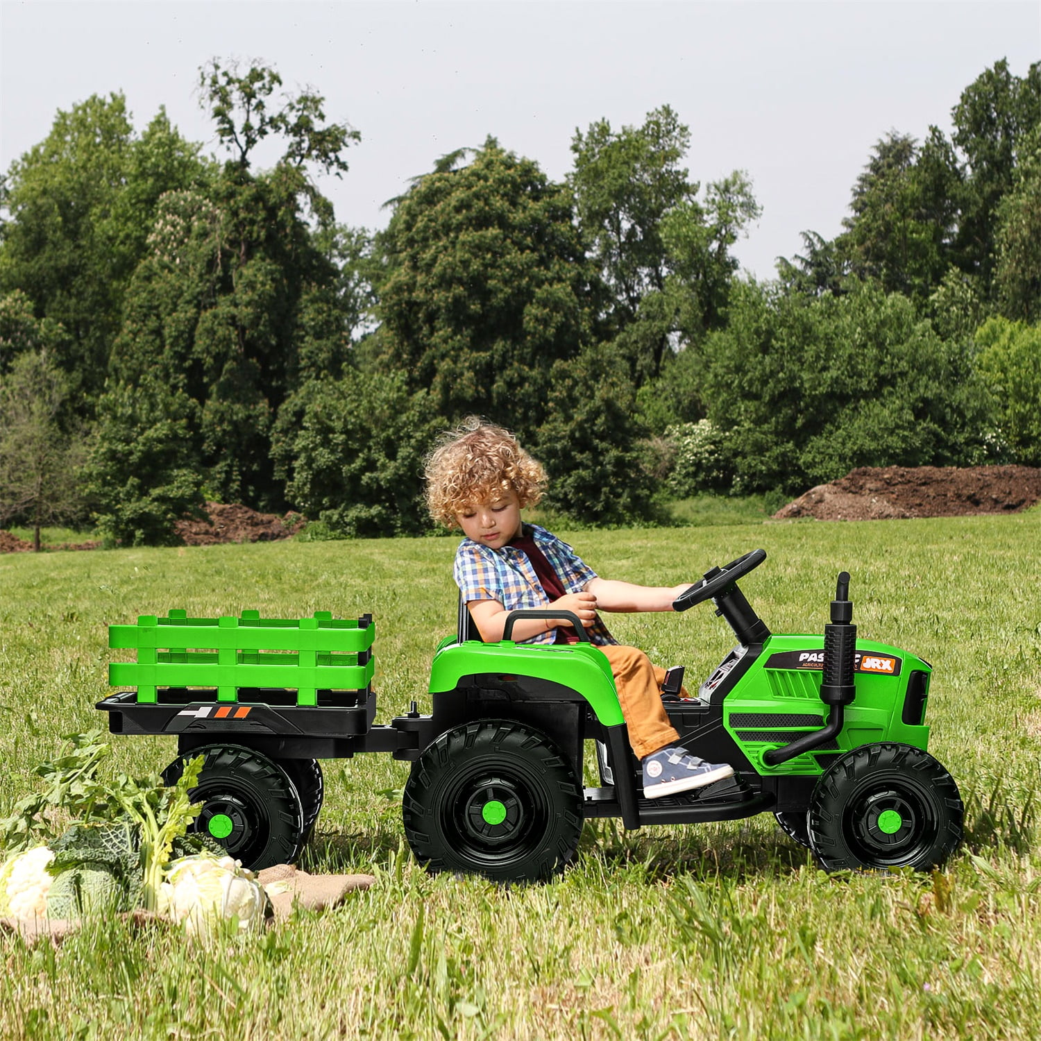 CIPACHO 12V Ride On Tractor with Trailer, Electric Kids Car with 2.4RC, 3 Speed Adjustable, USB, MP3, Power Display, 2 Point Safety Belt, Green CIPACHO 12V Ride On Tractor with Trailer, Electric Kids Car with 2.4RC, 3 Speed Adjustable, USB, MP3, Power Display, 2 Point Safety Belt, Green