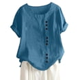 thumbnail image 2 of larppty Oversized Crew Neck Linen Tops for Women Short Sleeve Cotton Blend Tee Shirts (Blue, M), 2 of 5