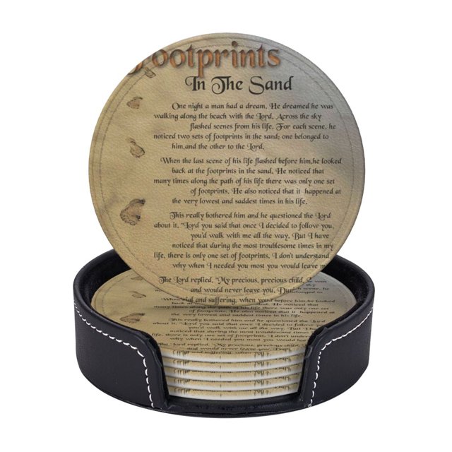 Posavasos de cuero de 6 piezas, posavasos con poemas de huellas en la arena para bebidas, posavasos para tazas, regalo de inauguración de la casa, ideal para la decoración del hogar