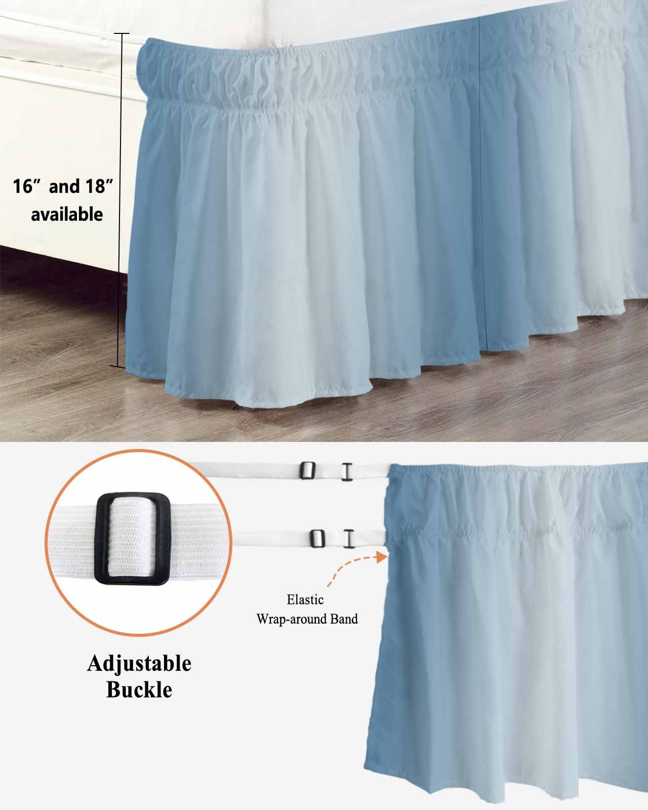 Blue Ombre Bed Skirt Cal King Size, Modern Gradient Abstract Art Wrap Around Bed Skirting with Adjustable Elastic Strap, Dust Ruffled Pleated Bedskirts 18 Inch Drop for Bedroom Cal King Beds