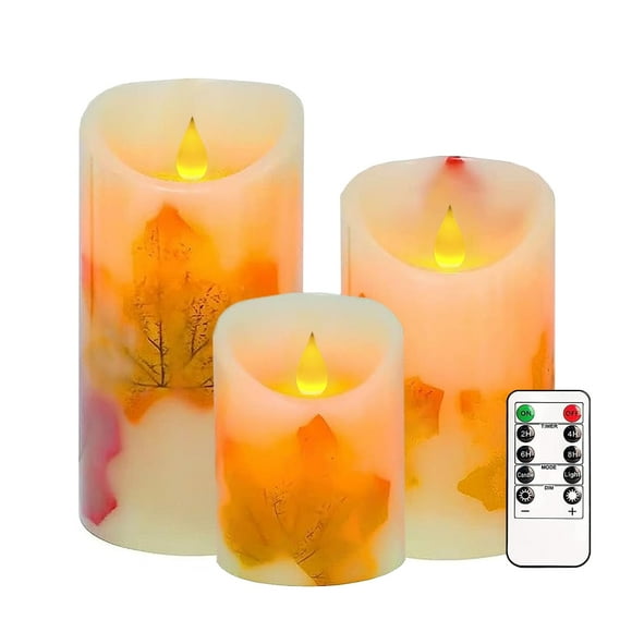 Flameless Candles Lights, Set of 3 Maple Leaf Flickering LED Candles with Remote & Timer, Dimmable LED Pillar Candles Battery Operated, Electric Candles for Thanksgiving Halloween Fall Harvest Decor