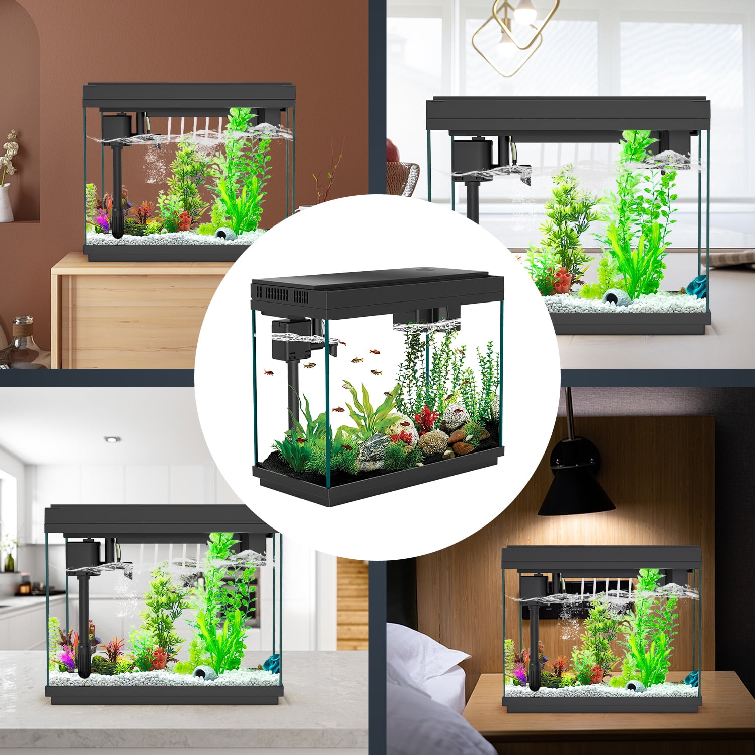 Rechale Smart Fish Tank, 2.4 gal UHD Clear Glass Aquarium with Smart Touch Control, 3-in-1 Silent Pump,7 Color Gradation RGB Lights, Multi-Layer Filtration System,Perfect for Home, Office, and Decor