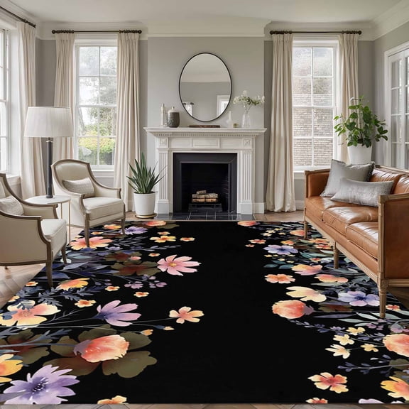 5'x7' Area Rugs for Living Room Bedroom, Black Spring Floral Washable Rug Carpet Runner Indoor Outdoor, Elegant Flowers Farmhouse Botanical Non Slip Floor Mats Area Rug for Kitchen, Nursery