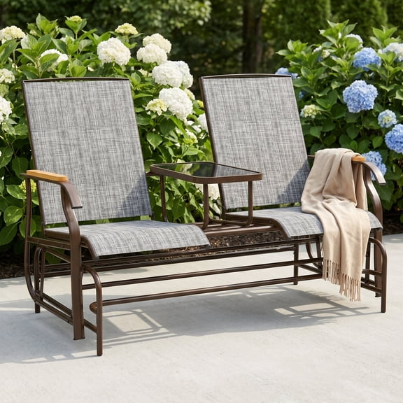 Zateety Outdoor Glider Bench, 2 Person Patio Glider Chair with Breathable Mesh and Table, Steel Frame Glider Loveseat for Garden Backyard Porch – Gray