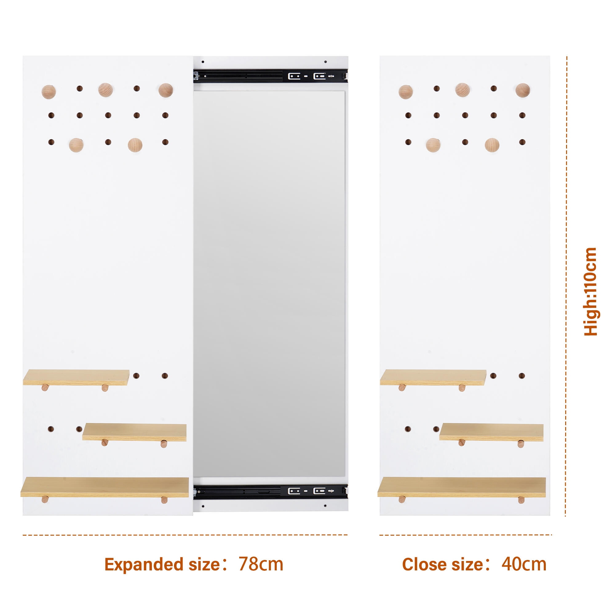 Miroir Caché Mural 2 En 1 - Avec Panneau Perforé Rangement - Rail Coulissant - Pour Vestiaire, Chambre, Salon - Couleur Noyer