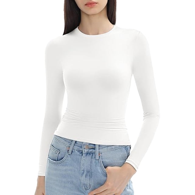 Top corto de manga larga y cuello redondo para mujer: camiseta ajustada de color liso para hacer ejercicio o yoga, material de poliéster, estilo informal básico.