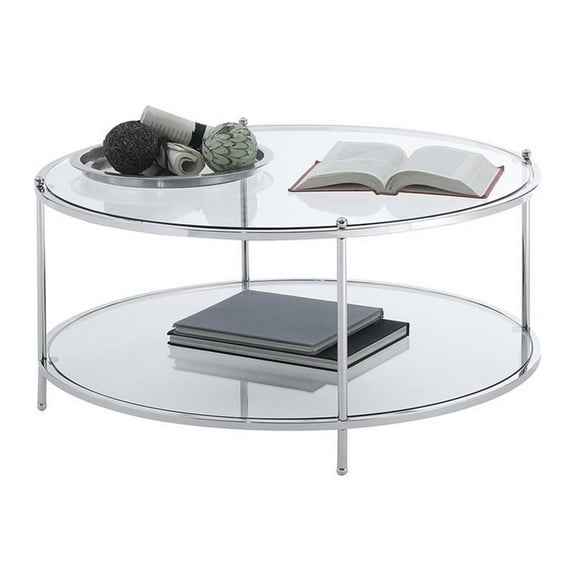 Pemberly Row Modern Round Glass Coffee Table in Chrome Metal Frame