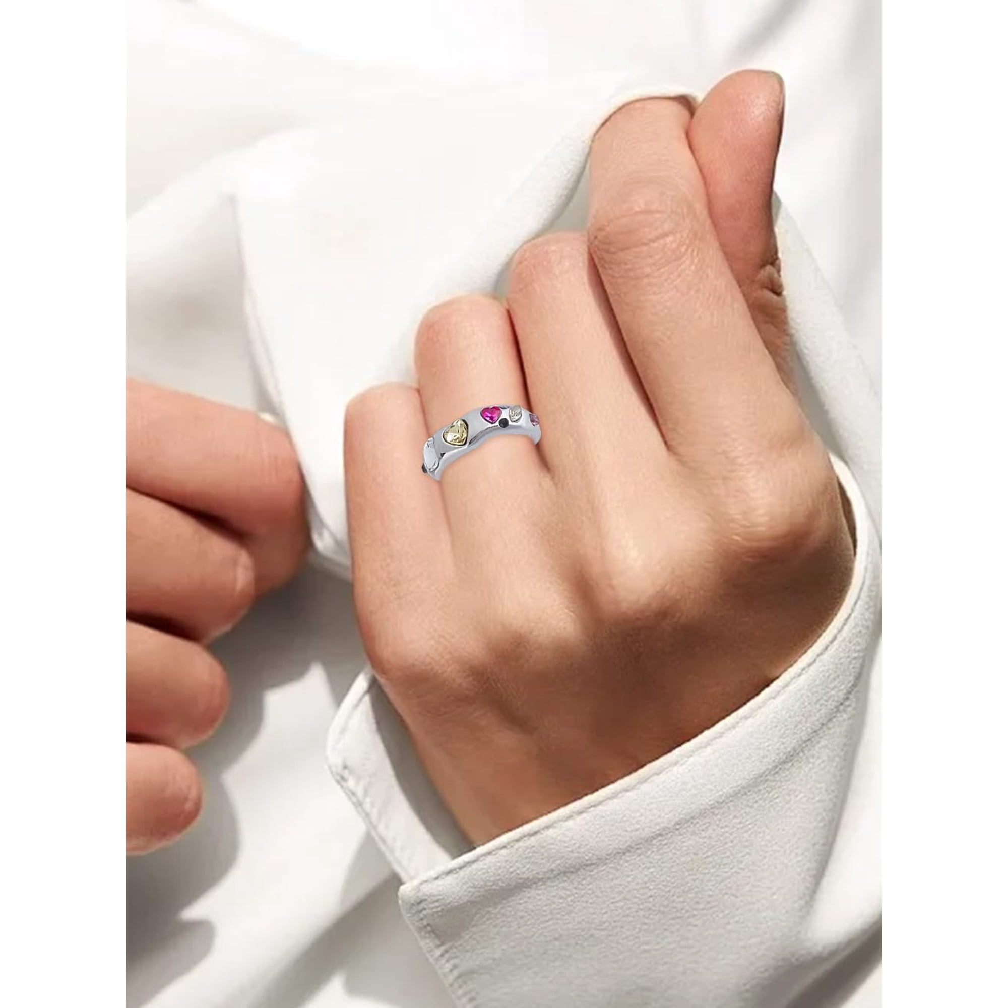 1Pcs Colorful Heart Rhinestone Open Cuff Ring Silver Brass Jewelry Copper Zirconia Open Ring for Women Birthday Elegant Gifts Personalized Jewelry Inner Diameter: 16.8mm Silver
