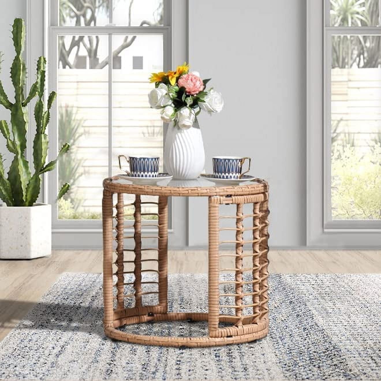 Outdoor Wicker Side Table, Patio End Table with Tempered Glass Top, All-Weather PE Rattan Round Coffee Table, Iron Frame, Beige