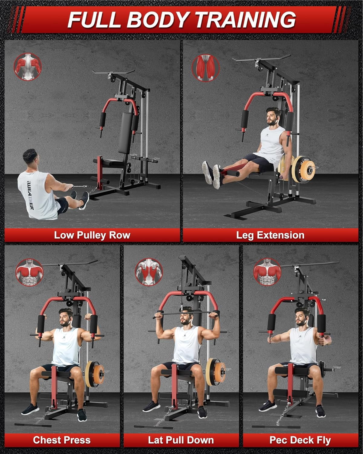 GARVEE Home Gym Station, Multifunctional Home Gym Equipment for All Body Training with Leg Press & Pulley System, Red
