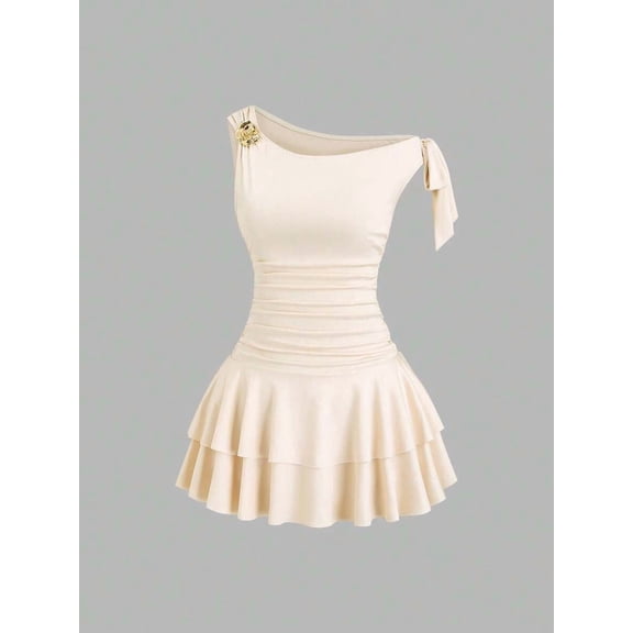 Women's Asymmetrical One Shoulder Mini Dress Ruched Bodycon Tiered Ruffle Hem Party