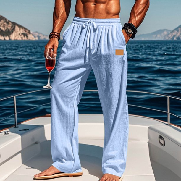 Pantalones casuales de longitud completa para hombre, color sólido, bolsillo, cintura elástica, rectos, de poliéster.