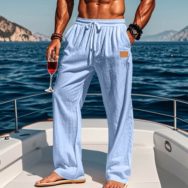 Pantalones casuales de longitud completa para hombre, color sólido, bolsillo, cintura elástica, rectos, de poliéster.