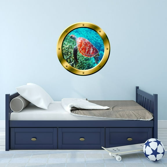 VWAQ Sea Turtle Porthole Wall Decal 3D Porthole Sticker Sea Life Wall Mural - GP31 (20" Diameter)