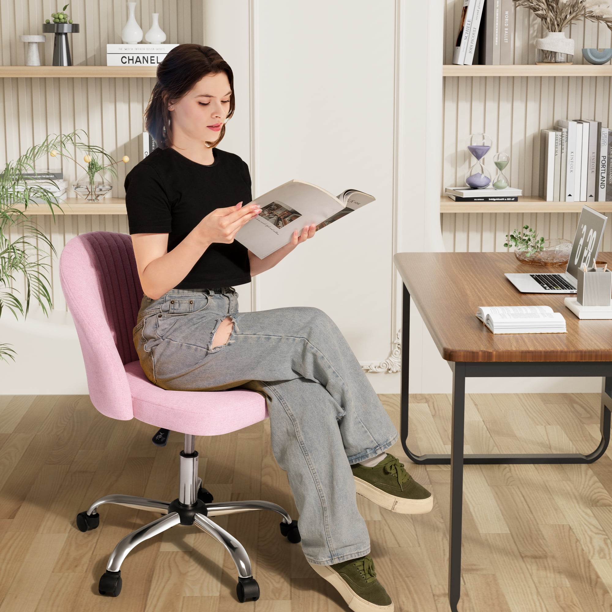Furmax Indoor Skin Friendly Fabric 360 Degree Rotation Office Chair, Pink