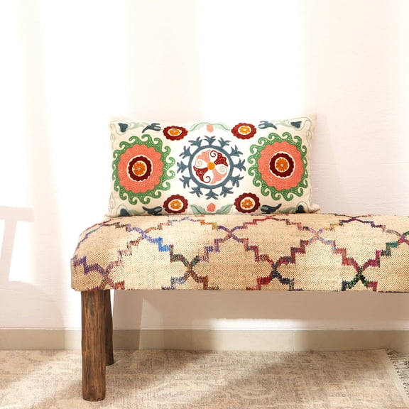 Expobazaar Lumbar Pillow | Suzani Embroidered Multicolor Pillow | 26X14"