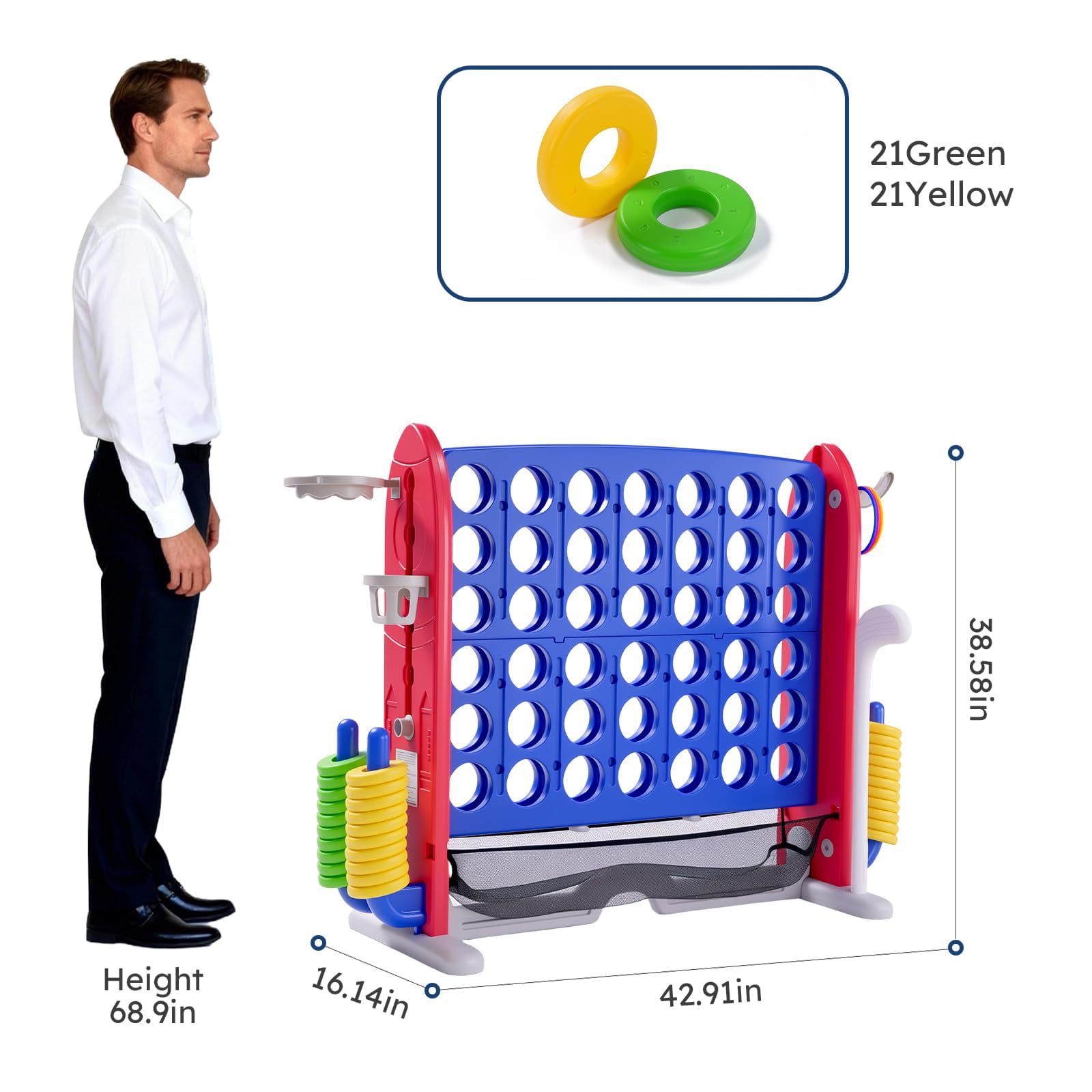 Danolapsi 4-in-1 Giant Connect Game Set – Adjustable Height, Basketball Hoop, Ring Toss and Net – Jumbo Outdoor Yard Game, Quick Release, 42pcs Rings Set,Party Family Floor Game