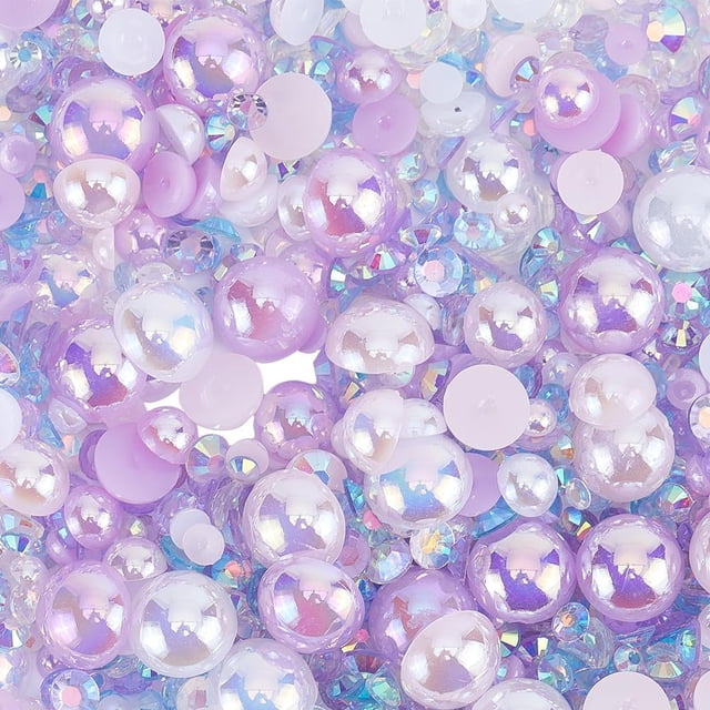 1000 piezas + 60 g de perlas y diamantes de imitación de resina semicirculares de color morado y blanco, de 4 mm a 9 mm.