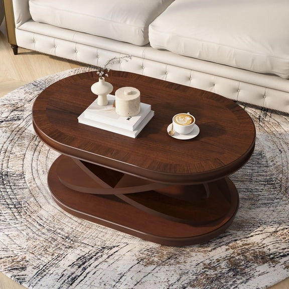 YINGYING Wood Oval Coffee Table, 44" Center Table with X-Shaped Base, Modern Cocktail Table with Open Storage for Living Room, Home Office