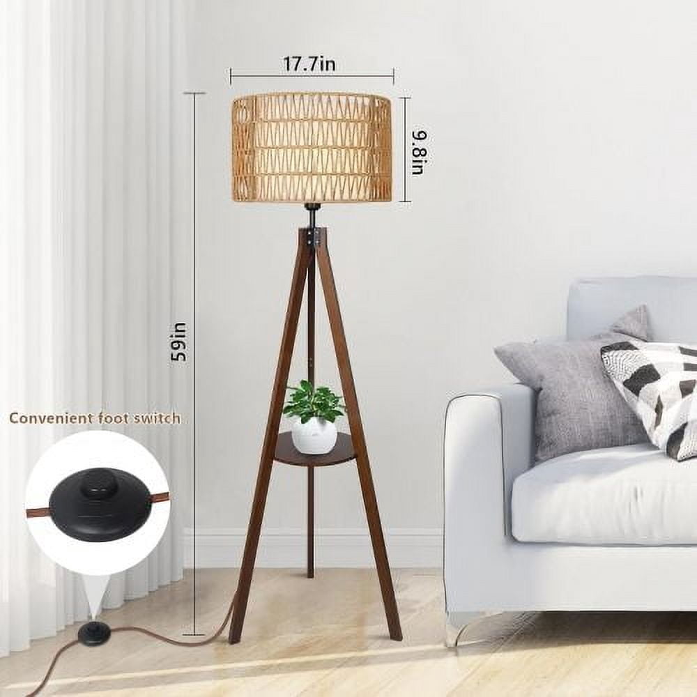 Hi-LIGHTS,Boho Tripod Floor Lamp with Shelves & ON/Off Foot Switch,Mid Century Wood Standing Lamp with Rattan & Fabric Shades,Modern Farmhouse Tall Floor Lamps for Living Room Bedroom Office(Brown)