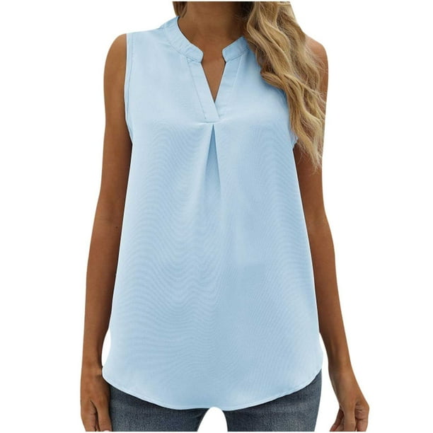 Blusa de verano para mujer, cómoda, informal, sin mangas, con cuello en V, color sólido Pompotops lopia998646