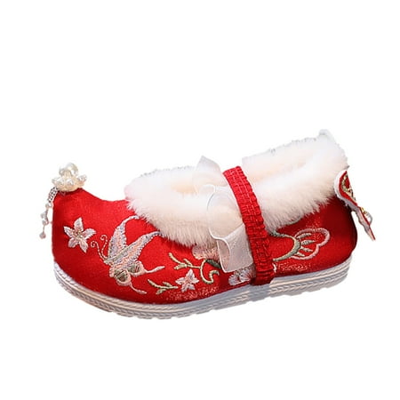 

kpoplk Toddler Sneakers Children Embroidered Shoes Hanfu Shoes Winter Shoes Plush Thickened Cotton Boots For Toddler Girls(Red)