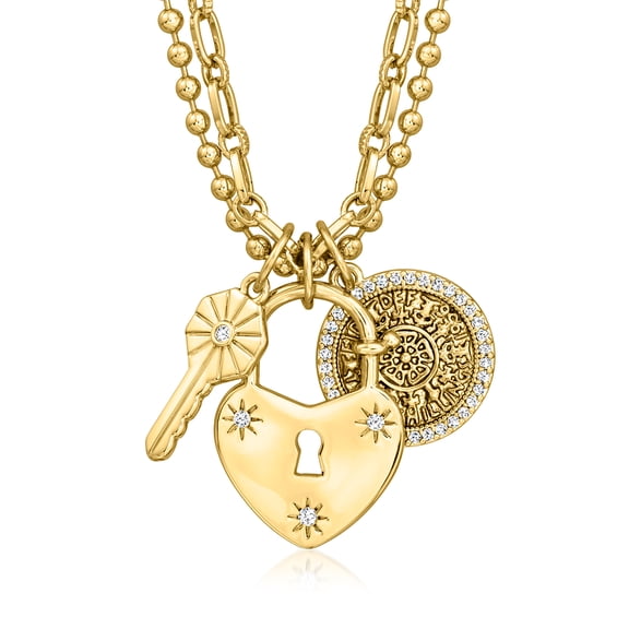 Ross-Simons 14kt Yellow Gold-Plated Key, Heart Lock and Coin Charm Necklace With 1.00 ct. t.w. Czs, Women's, Adult
