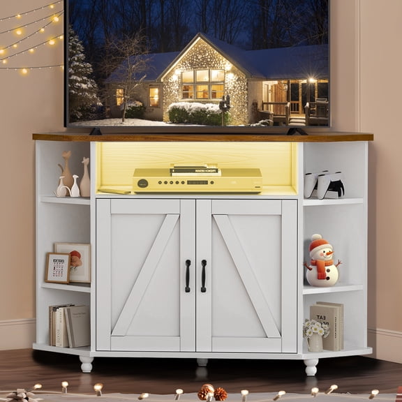 Corner TV Stand with LED Lights, Farmhouse Corner TV Cabinet for 50 Inch TVs, Adjustable Shelves, Corner Media Stand with Storage, Barn Doors for Living Room,White