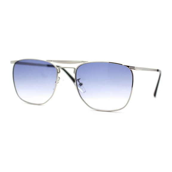 Hipster Crossbar Double Bridge Rectangle Metal Rim Sunglasses Silver Blue