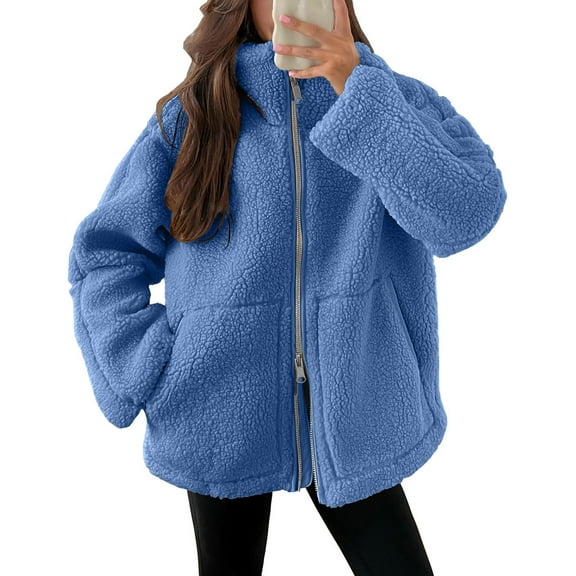 Ftwytp Women's Solid Winter Jackets Warm Faux Cozy Coats Long Sleeve Lapel Fleece Jacket with Pockets Casual Trendy Outerwear Winter Thermal Fluffy Overcoat