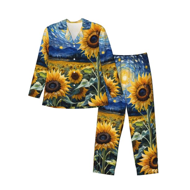 Balery Starry Sky Sunflower Pijama para Hombre de Dos Piezas con Manga Larga, Conjunto de Dormir y Descanso Suave con Bolsillos-Large